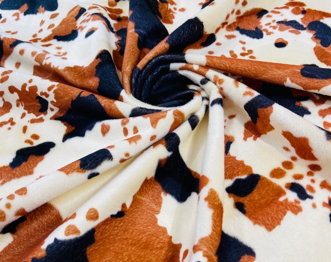 Brown Tan Cow Velboa Faux Fur Fabric | Cow Animal print Velboa Fabric Sold By The Yard - 58"/60" Wide