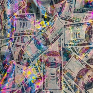 Metallic Money Print Fabric: 100 Dollar Bills Stretch Spandex by the yard