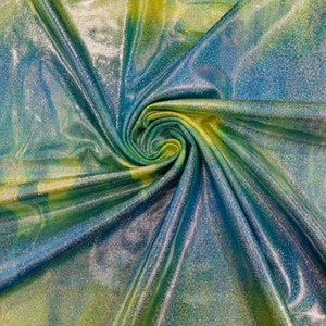 Tie Dye Mystique Nylon Spandex Fabric: Green/Yellow Holographic Foil, 4-Way Stretch
