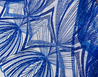 Royal Blue Beaded Lace Fabric: Embroidered Mesh, Bridal Wedding Dress - Sold By The Yard