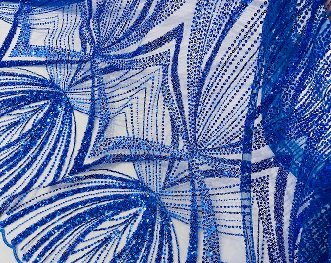 Royal Blue Beaded Lace Fabric: Embroidered Mesh, Bridal Wedding Dress - Sold By The Yard