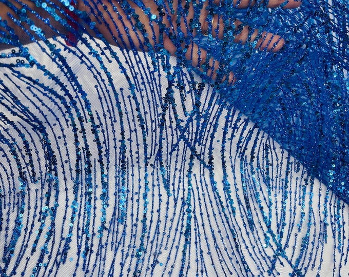 Royal Blue Glitter Sequin on Mesh Lace Fabric, Wedding Decor Fabric Bridal/Prom/Sparkle