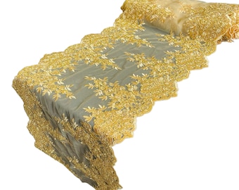 Metallic Gold Floral Lace Fabric: Sequined Embroidery, 14" Wide