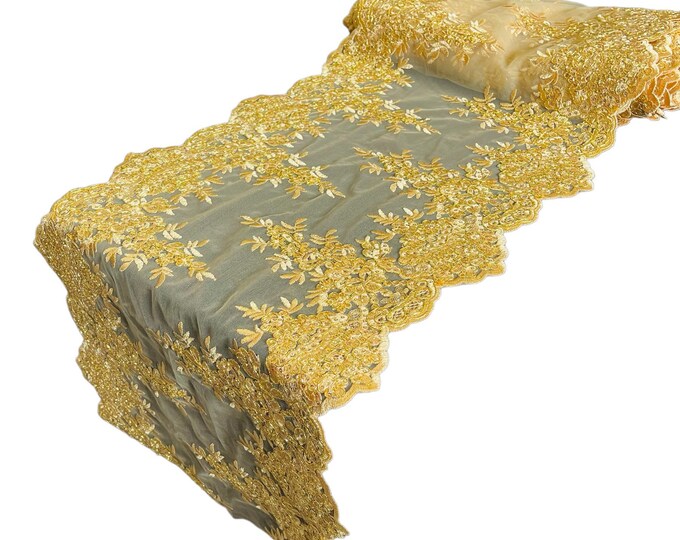 Metallic Gold 14”Wide Floral Lace Fabric For Runner, by the yard - Embroidery With Sequins on a Mesh Lace Fabric For Applications