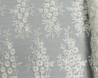 Off White 3D Floral Lace Fabric by the yard, Flower Design Embroider With Rhinestones On a Mesh, Prom-Dresses-Nightgown-Apparel-Fashion