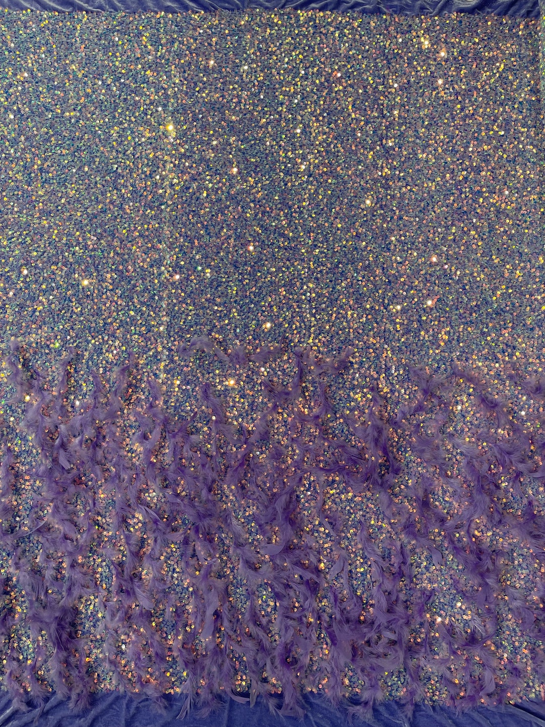 Clear Iridescent Sequin Velvet Fabric With Feathers on Lilac Stretch ...