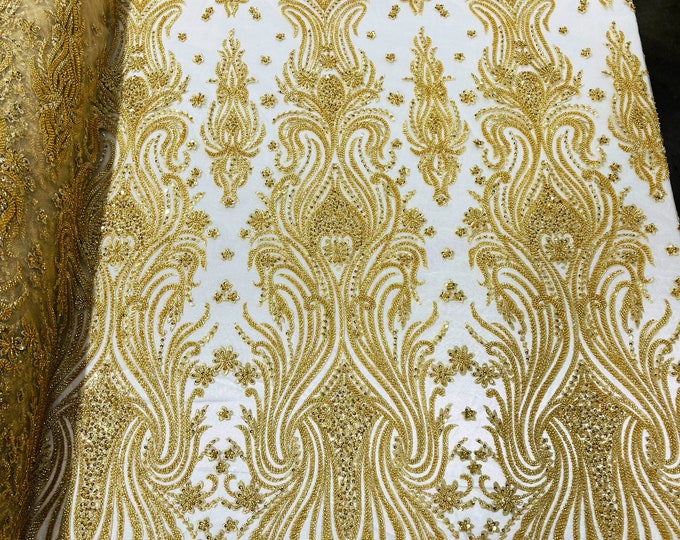Gold Floral Design - by the yard - Beaded Fabric, Embroidered With Pearls and Beads on Mesh Lace Fabric