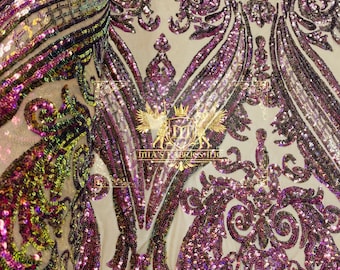Purple Iridescent Sequin, Nude Mesh Damask Design on a 4 Way Stretch Sequins Fabric Mesh-Prom-Gown By Yard