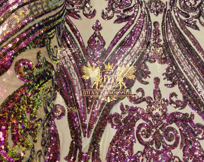 Purple Iridescent Sequin, Nude Mesh Damask Design on a 4 Way Stretch Sequins Fabric Mesh-Prom-Gown By Yard