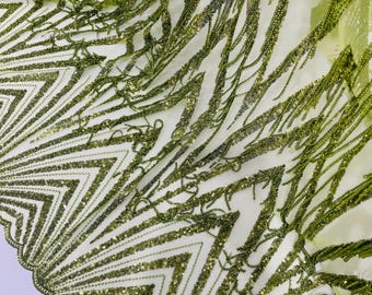 Olive Fringe Beaded Fabric By The Yard, Geometric Design Beaded Fringe Sequin, Fringe Beaded Fabric Embroidered on a Mesh Lace Prom Dress