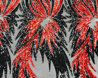 Red Black Sequin Fabric, Angel Wings Design, Spandex Mesh, Prom Gown Fabric