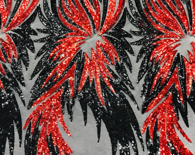Black/Red Sequins on Spandex Mesh By The Yard,Angel Wings Design Embroidered With Sequin on a Mesh 4way Stretch-Prom-Gown (Pick a Size)