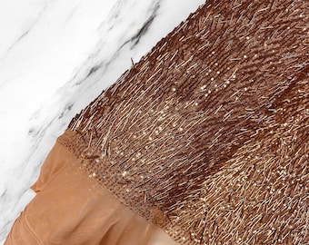Nude Mesh, Rose Gold Gleam Beaded with Sequins Stretch Mesh Fabric By The Yard | Embroidery Beaded Sequins Fabric on a Mesh Prom,Gown