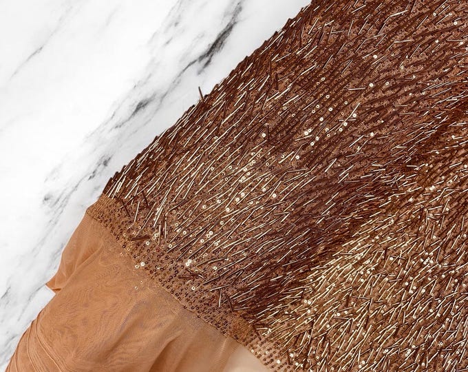 Nude Mesh, Rose Gold Gleam Beaded with Sequins Stretch Mesh Fabric By The Yard | Embroidery Beaded Sequins Fabric on a Mesh Prom,Gown