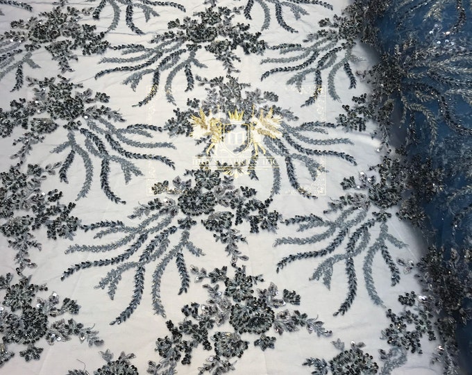 Navy Multicolor Hand Beaded Lace, Embroidered Floral Design Fancy Sequins Fabric with Beads Sold in Many Colors By The Yard