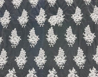 White Floral Lace Fabric: Embroidered Sequins Mesh, Bridal Gown Lace By The Yard