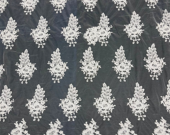 White Lace Floral Lace Fabric, Embroidery With Sequins on a Mesh Lace Fabric By The Yard For Gown, Wedding-Bridal (Choose The Quantity)