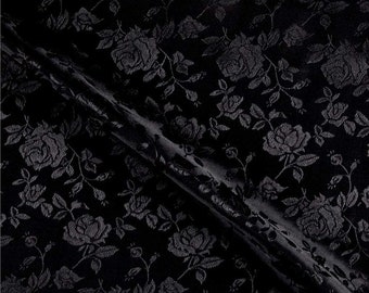 Black Floral Brocade Jacquard Satin Fabric - 58/60" Wide