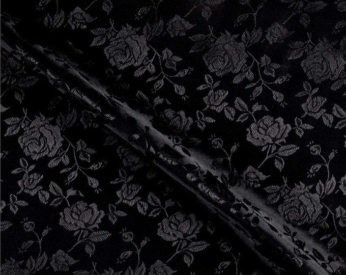 Black Flower Brocade Jacquard Satin Fabric, Sold By The Yard Polyester Satin Floral Wide 58/60"  (Choose The Quantity)