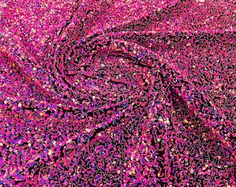 Fuchsia Lilac Iridescent Sequin Black Stretch Velvet Fabric By The Yard