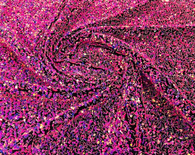 Fuchsia/Lilac Iridescent Sequin on Black Stretch Velvet With Sequins all Over 5mm Sequins 2-way Stretch 58/60” (Choose The Quantity)