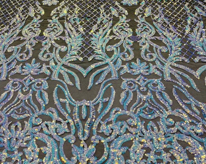Aqua Iridescent Sequins Lace Fabric On Black Spandex Mesh 4way Stretch Damask Design Embroidered With Sequin By Yard-Prom-Gown (Pick a Size)