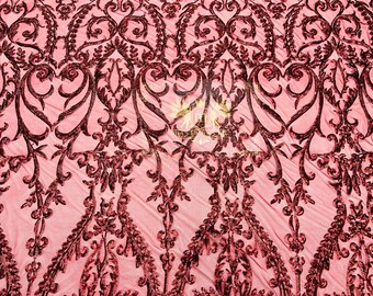 Burgundy Sequin Lace Fabric: Embroidered Damsk Design, 4-Way Stretch