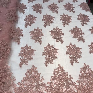 Flower Lace Fabric -Mauve Floral Clusters Embroidered Lace Mesh Fabric Sold By The Yard