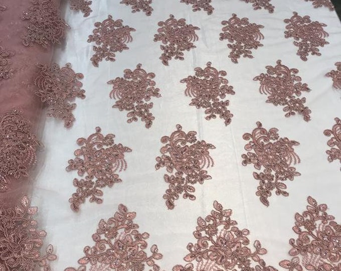 Flower Lace Fabric -Mauve Floral Clusters Embroidered Lace Mesh Fabric Sold By The Yard