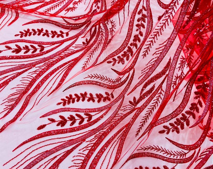 Red Beaded Lace Fabric: Embroidered Floral Mesh, Bridal Gown Material