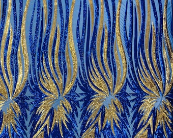 Royal Blue/Gold Sequins Fabric on Mesh By The Yard | Angel Wings Design Embroidered With Sequin on a Mesh 4way Stretch-Prom-Gown