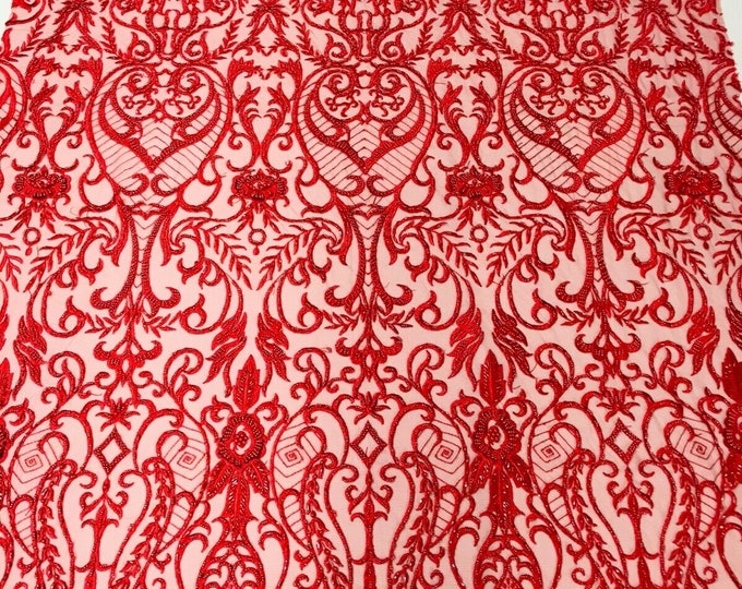 Glam Damask Beaded Fabric, Red - Embroidered Fashion Fabric with Beads Wedding Bridal Sold By Yard