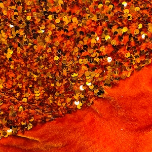 Orange Sequins Velvet Fabric | by the yard | Orange Stretch Velvet With Luxury Sequin | Velvet Sequins 2 Way Stretch | Velvet Fabric