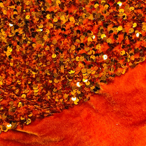 Orange Sequins Velvet Fabric | by the yard | Orange Stretch Velvet With Luxury Sequin | Velvet Sequins 2 Way Stretch | Velvet Fabric