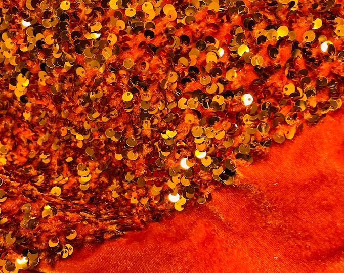 Orange Sequins Velvet Fabric | by the yard | Orange Stretch Velvet With Luxury Sequin | Velvet Sequins 2 Way Stretch | Velvet Fabric