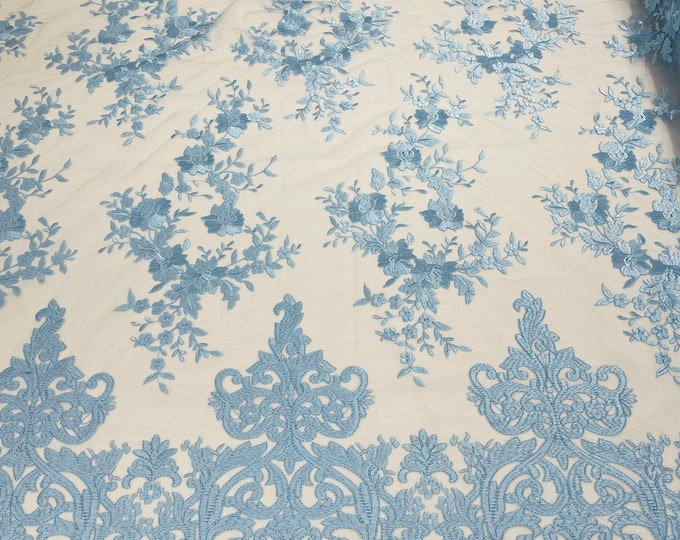 Baby Blue Bridal Lace - by the yard - Damask Design Embroidered on Mesh Lace Fabric, Floral Wedding Dress (Pick a Size)