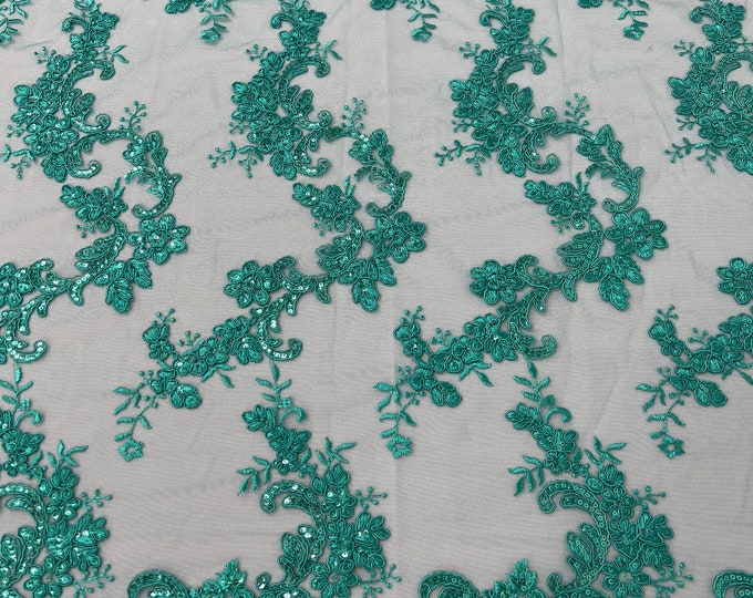 Jade Floral Lace Fabric, by the yard - Embroidery With Sequins on a Mesh Lace Fabric For Gown, Wedding-Bridal