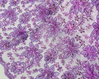 Lilac Lace Fabric With Sequins, Metallic Thread Flower Embroidery by Yard