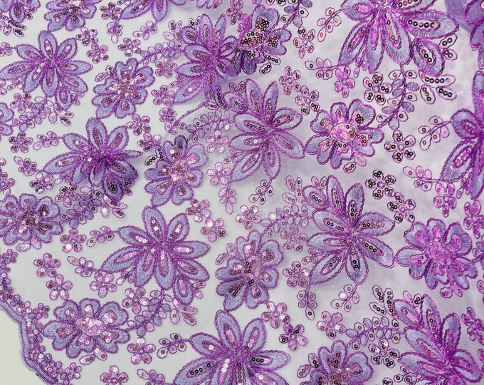 Lilac Lace Fabric With Sequins, Metallic Thread Flower Embroidery by Yard