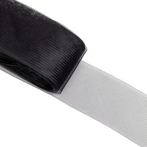 May include: Black mesh ribbon, rolled up and laid out flat. The ribbon is a fine mesh with a delicate texture.