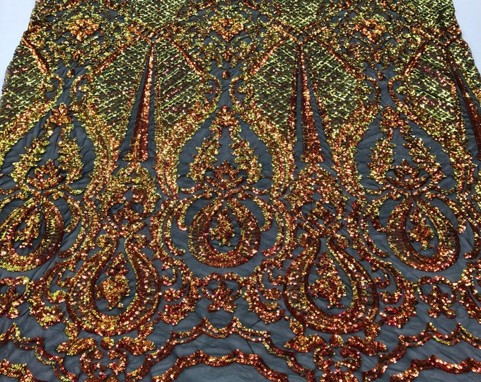 Sequins Orange Lace Fabric, DAMASK Design Embroidered on Mesh 4 way Stretch Sequin By The Yard -Prom-Gown ( Choose The Size )