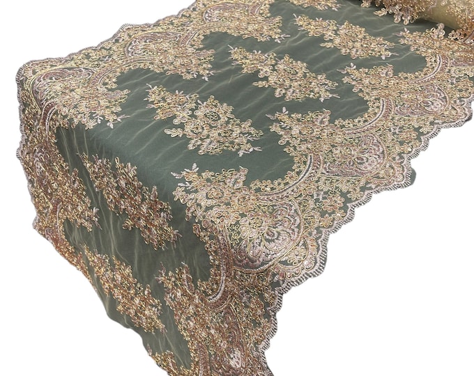 Metallic Rose Gold Floral Lace Fabric For Runner 21” Wide, by the yard - Embroidery With Sequins on a Mesh Lace Fabric For Applications