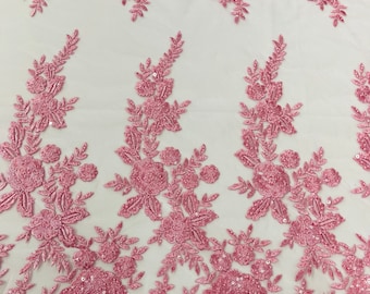 Pink Floral Embroidered Beaded Lace Fabric – Bridal Wedding Mesh, Sold by the Yard