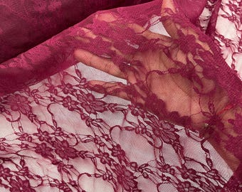 Burgundy Stretch Spandex Mesh Net Lace Fabric Sold by the yard - Floral Pattern 4 Way Stretch