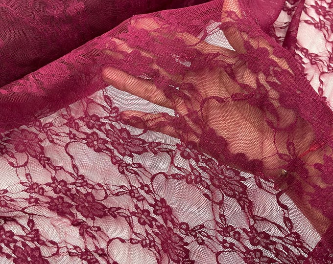 Burgundy Stretch Spandex Mesh Net Lace Fabric Sold by the yard - Floral Pattern 4 Way Stretch