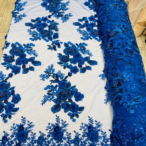 ROYAL BLUE 3D Floral Design Embroider and Beaded With Pearls On a Mesh Lace-Prom-Dresses-Nightgown-Apparel-Fashion By The shops Yard