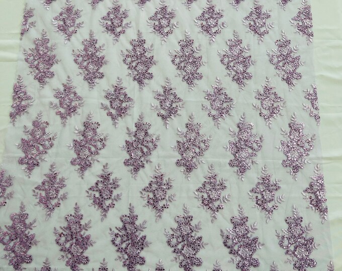 Lilac Floral Lace Fabric - by the yard - Embroidery With Sequins on a Mesh Lace Fabric For Wedding-Bridal