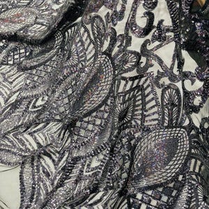 Black Holographic Sequins Fabric, Black Royalty Design on a Mesh 4way Stretch Sequin-Prom-Gown