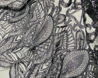 Black Holographic Sequins Fabric, Black Royalty Design on a Mesh 4way Stretch Sequin-Prom-Gown