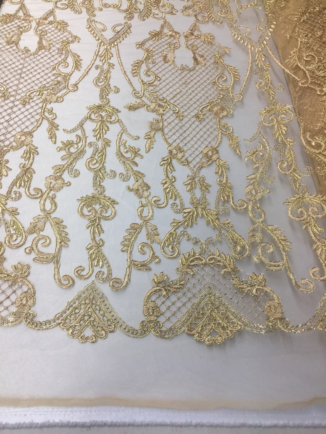 LT-GOLD METALLIC DAMASK LACE EMBROIDERY ON A TEXTURE MESH-BY YARD. main image 0